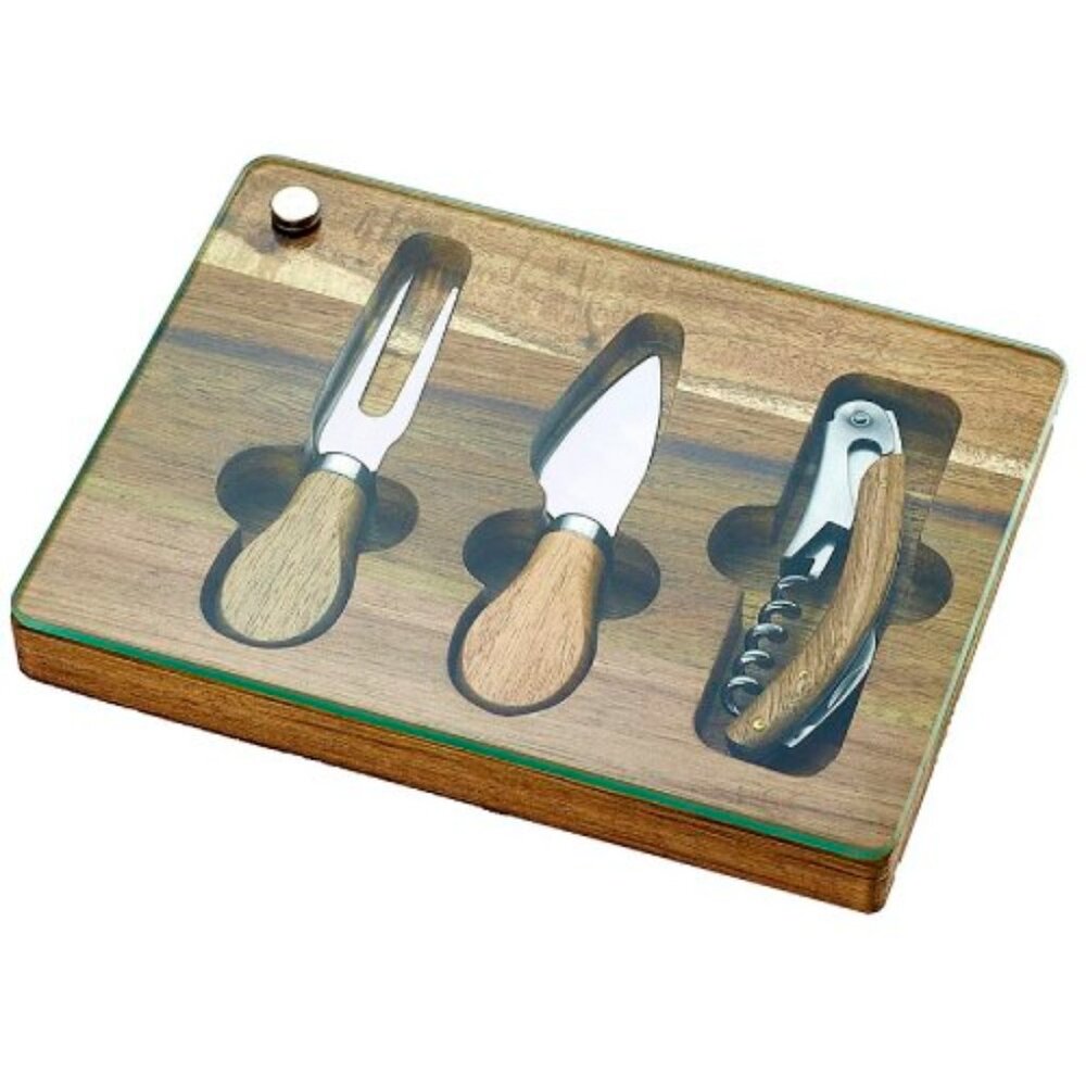 5 Piece Glass Cheese Board w/ 3 Knives and Tray